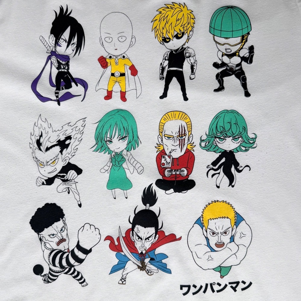 One Punch Man Mens White Chibi Character Grid Graphic T-Shirt Anime Manga Tee